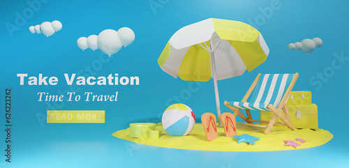 3d template design - Yellow Umbrella and Ball, Summer holiday, Time to travel web concept.