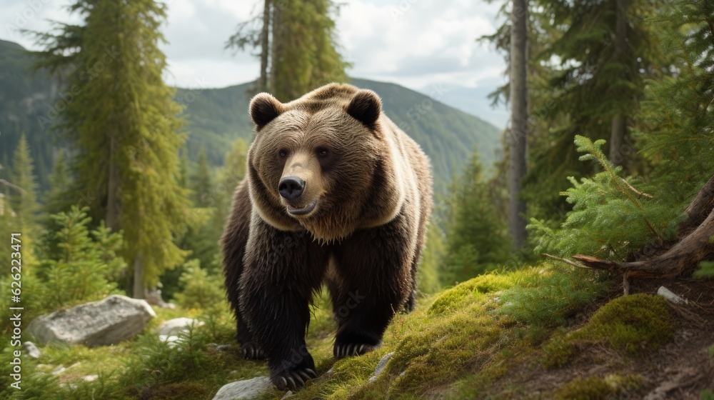 Large Carpathian brown bear in nature. Generative AI Large Carpathian brown bear in nature. Generative AI