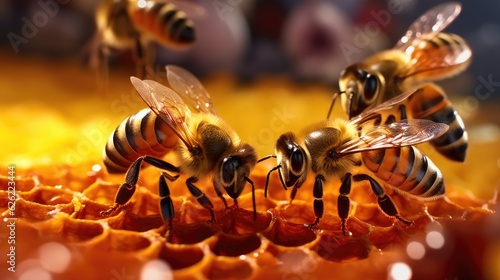 Closeup of bees on honeycomb 