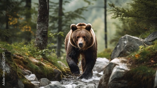 Large Carpathian brown bear in nature. Generative AI