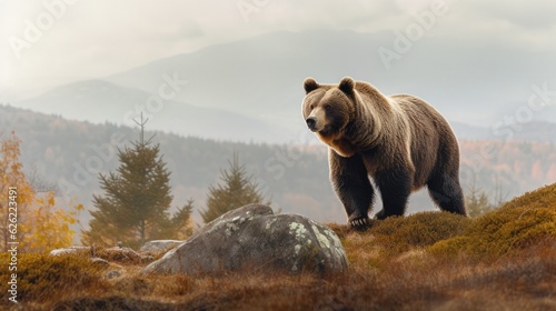 Large Carpathian brown bear in nature. Generative AI © Fly Frames