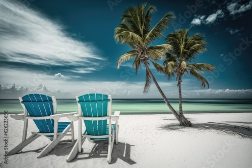 Sunbeds on the beach. Blue sea and white sand. Generative Ai © lolya1988