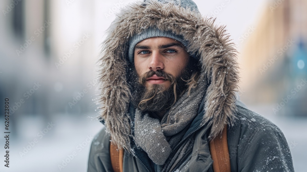 Man in parka, hat and scarf frozen from the cold Man in parka, hat and scarf frozen from the cold