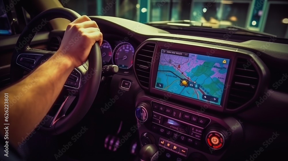 Man in car searching destination direction on GPS or navigation
