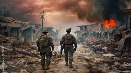 Military special forces soldiers crosses destroyed warzone through fire and smoke. Generative AI