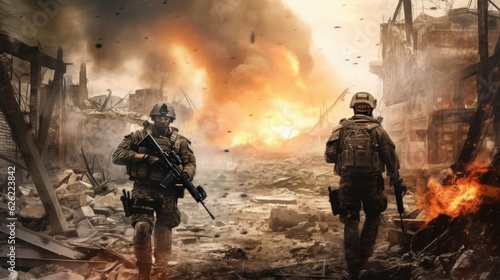 Military special forces soldiers crosses destroyed warzone through fire and smoke. Generative AI