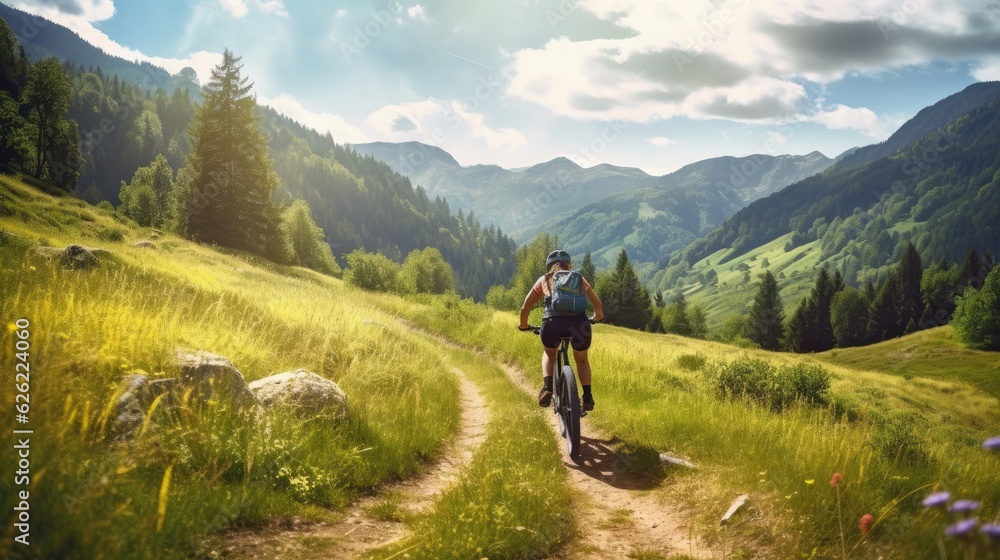Woman cycling MTB flow trail track. Generative AI Woman cycling MTB flow trail track. Generative AI