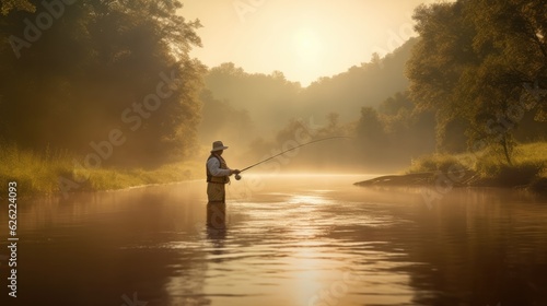 Fotografia Man fly fishing in river on summer day. Generative AI
