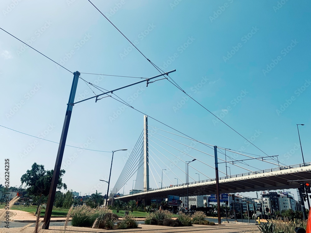 Casablanca, Morocco , 4 August 2023n view of Sidi Maârouf Bridge ,an asymmetric cable-stayed bridge, built in the center of Casablanca, is the second biggest bridge in Morocco of its typology.