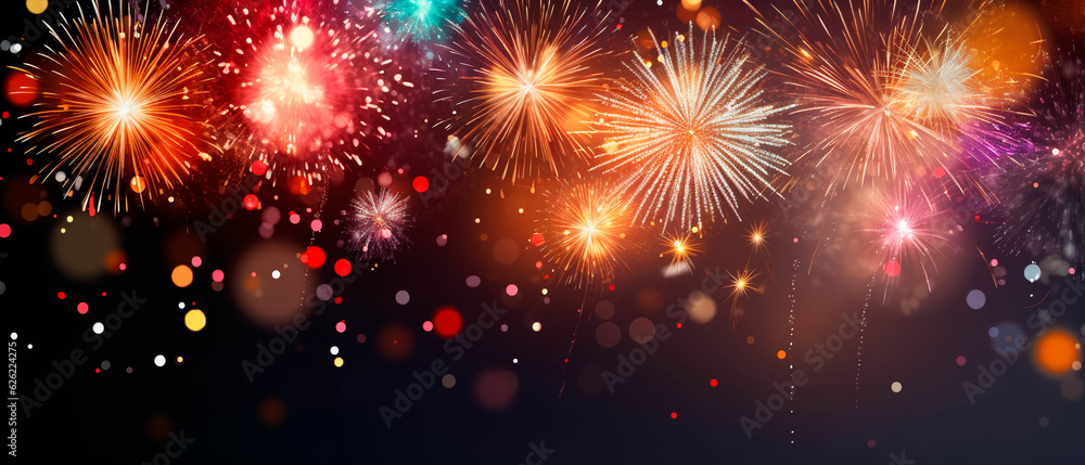 Naklejka premium Bright fireworks on a dark background, holiday background, banner, copy space. Generative AI