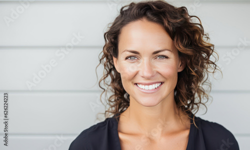 Slika na platnu 40 year old woman with brunette hair and dark top isolated against a white wall