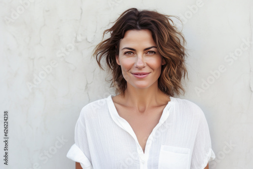 Smiling 40 year old woman in white shirt posing in front of a plaster wall Fototapet