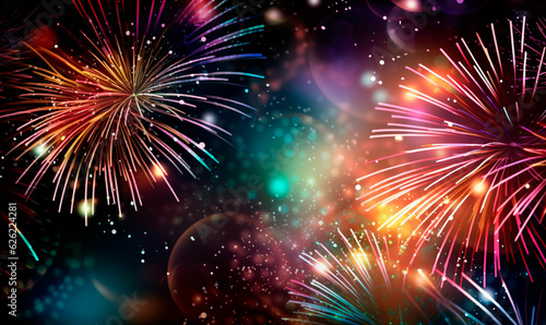 Bright colorful fireworks on a dark background, holiday background, banner. Generative AI