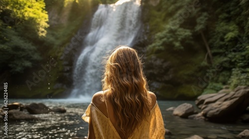 Rear view of a young woman in front of a waterfall 