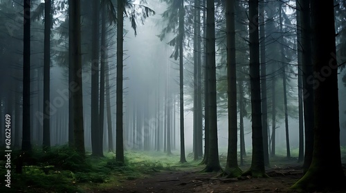 a foggy forest with trees