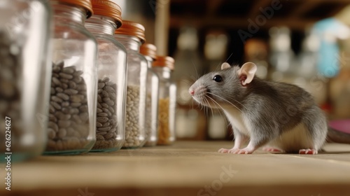 Small grey rat looking for food near jars 