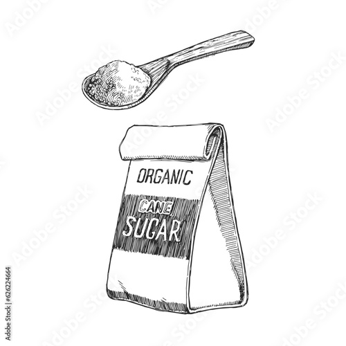 Vector hand-drawn illustration of a pack of cane sugar and spoon in engraving style. Sketch with spice for recipe design.