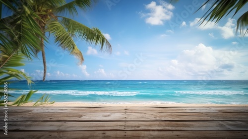 Empty wooden planks with blur beach on background  can be used for product placement. Generative AI