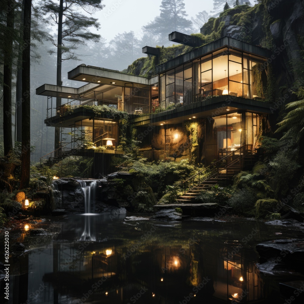 Jungle Paradise - A Modern Tropical Home with a Beautiful Tropical Backdrop. Generative AI.