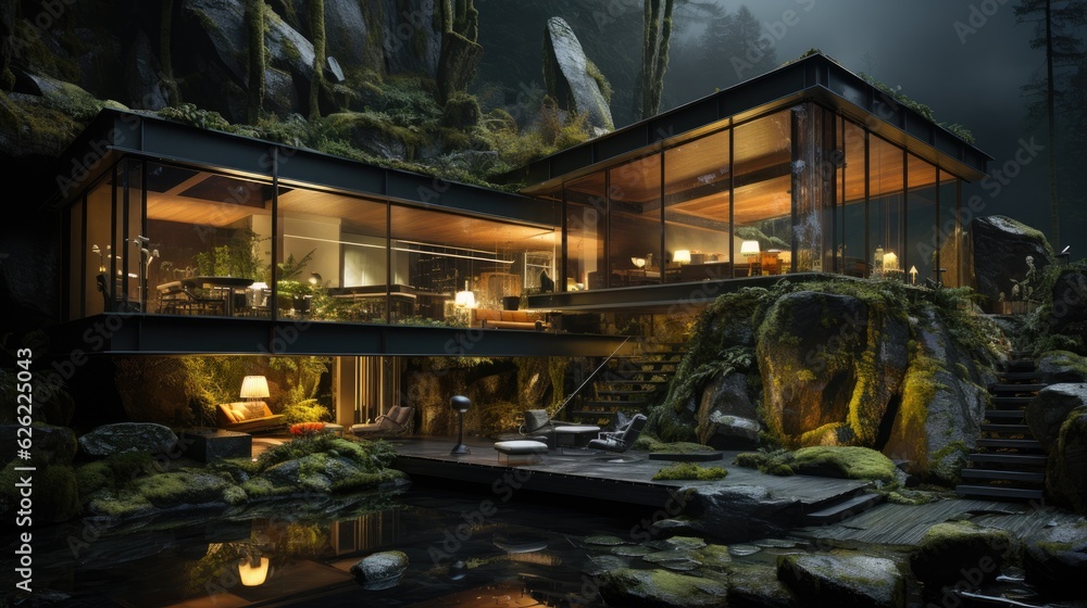 Contemporary Living Amidst the Lush Jungle - Modern Jungle Home with a Beautiful Tropical Backdrop. Generative AI.