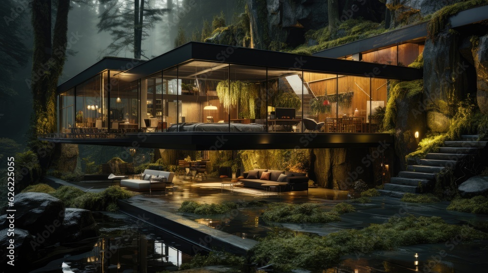 Tropical Oasis - A Modern Jungle Home with a Beautiful Tropical Backdrop. Generative AI. Tropical Oasis - A Modern Jungle Home with a Beautiful Tropical Backdrop. Generative AI.