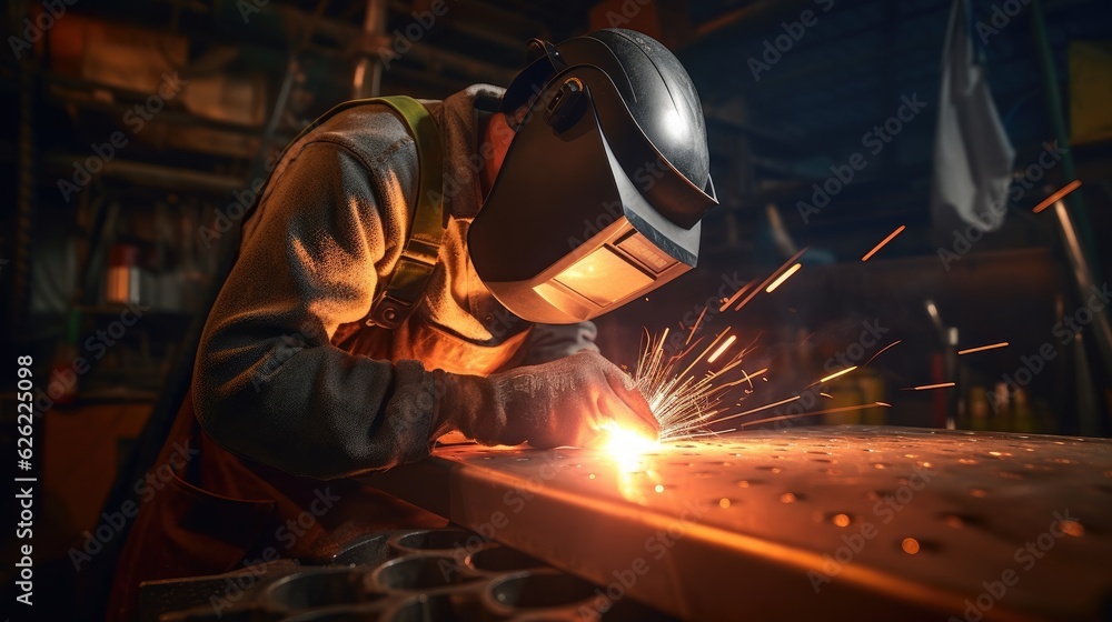 Male welder wearing helmet working with welding torch in factory. Generative AI
Male welder wearing helmet working with welding torch in factory. Generative AI