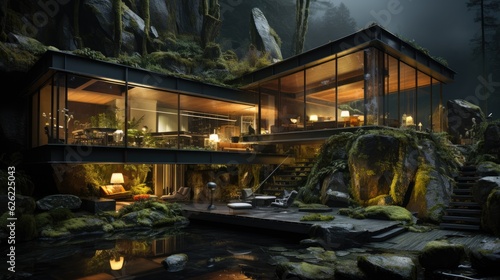 Contemporary Living Amidst the Lush Jungle - Modern Jungle Home with a Beautiful Tropical Backdrop. Generative AI.