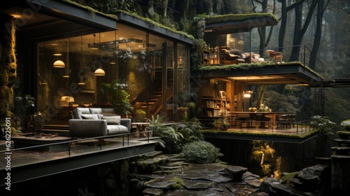 Modern Home Surrounded by Exotic Greenery - Modern Jungle Home with a Beautiful Tropical Backdrop. Generative AI.