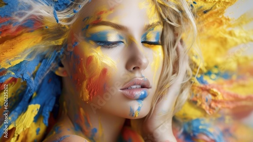 Woman portrait with colorful face powder . Generative AI 
