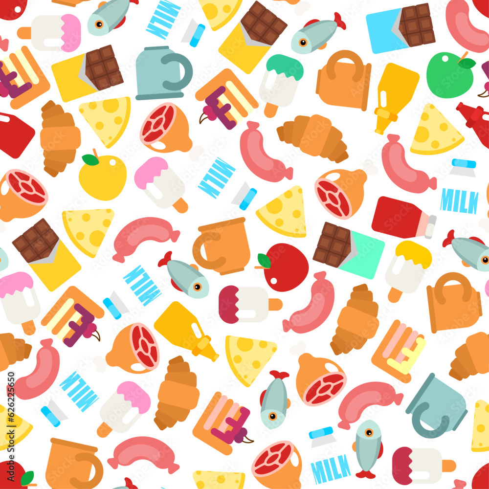 Food pattern seamless. food sign background. Symbol for mobile application. Ketchup and Apple, Croissant and Ice cream. Piece of cake and Chocolate. Cheese and coffee cup, Fish and Milk, Meat on bone