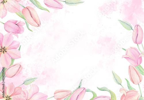 Watercolor Template pink tulip frame with splashes. Floral background. Hand drawn botanical illustration for wedding invitation, card.