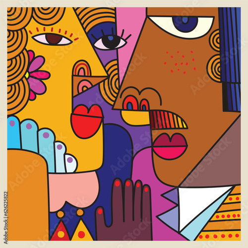 Decorative abstract face  couple of person figure hand drawn vector illustration  Line art  cubism  shape colorful art design.