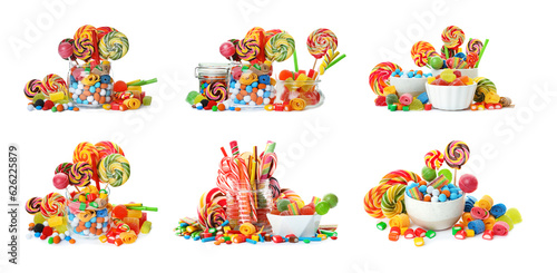 Collage with different sweet candies isolated on white
