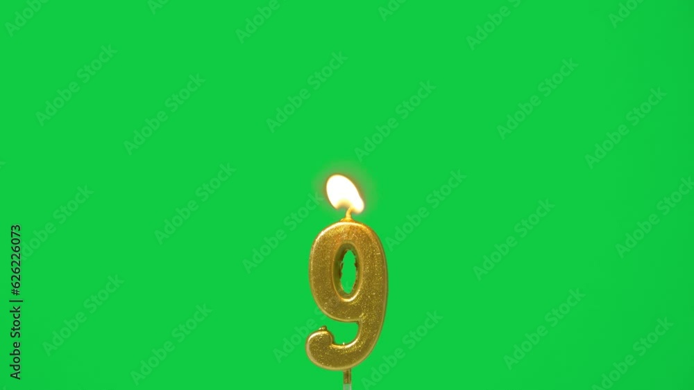seamless looping candle light, golden candle number nine shape for ninth year celebrate was lit. flame at candlewick sway and flicker isolated on green screen background, horizontal frame rate 60P seamless looping candle light, golden candle number nine shape for ninth year celebrate was lit. flame at candlewick sway and flicker isolated on green screen background, horizontal frame rate 60P
