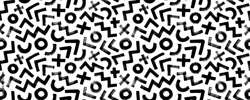 Geometric shapes seamless pattern in Memphis style. Modern banner with bold brush drawn shapes. Abstract fashion trendy vector texture with hand drawn zigzag lines, circles, crosses and triangles. Geometric shapes seamless pattern in Memphis style. Modern banner with bold brush drawn shapes. Abstract fashion trendy vector texture with hand drawn zigzag lines, circles, crosses and triangles.