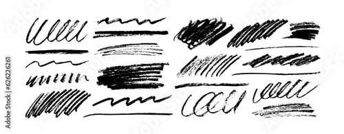 Charcoal pencil curly lines and squiggles. Scribble brush strokes vector set. Hand drawn marker lines with rough edges. Grunge smears and strikethrough set. Simple shapes drawn with crayon.