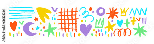 Collection fun doodle shapes drawn with colorful charcoal or chalk. Hand drawn childish style multi colored figures: crowns, grid, dots, squiggles and stars. Set of marker scribbles and fairy shapes.