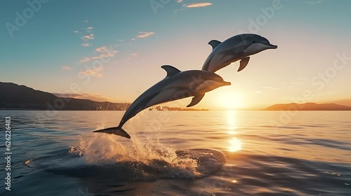 a couple of dolphins jumping out of the water