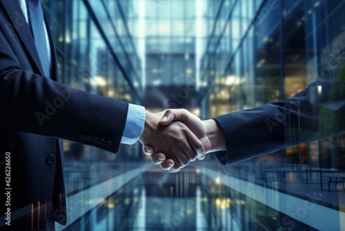 Close up of two businessmen shaking hands in front of a business building. Agreement signing concept. Deal and business idea. Generative AI Technology