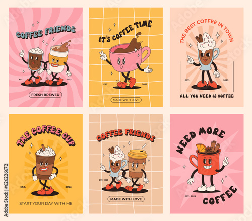 Foto Retro poster set with coffee mascot, cartoon characters, funny colorful doodle style characters, cappuccino, cocoa, latte, espresso