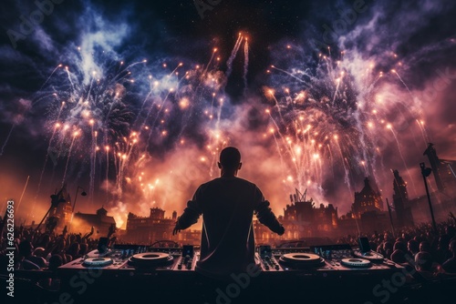 DJ Performing On Stage With Fireworks in the Background. Summer Festival, DJ Music Set, New Year Holiday. Generative AI Technology