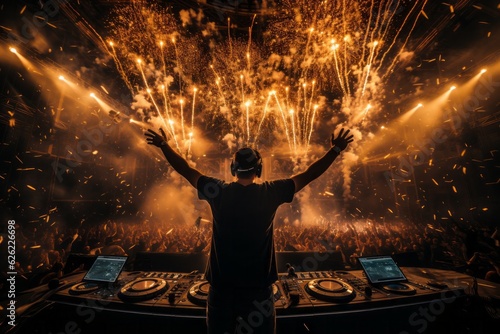 DJ Performing On Stage With Fireworks in the Background. Summer Festival, DJ Music Set, New Year Holiday. Generative AI Technology