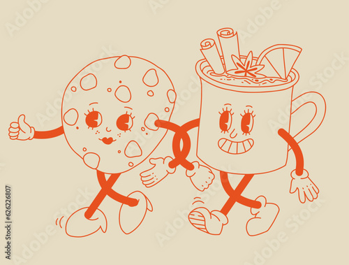 Collection cute cartoon characters of coffee takeaway and pastries donut, chocolate chip cookie, ice cream and cupcake. Vector illustration. Isolated desserts food and drink in retro nostalgic style