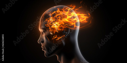 Illustration of a Glass Head with a Brain in Flames as a Symbol of Migraine or Headache AI generated