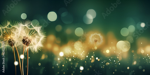 Dandelion with droplets of water on a blue and turquoise beautiful background,