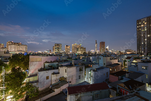 Ho Chi Minh City skyline of District 1 and the Bitexco Financial Tower at dusk