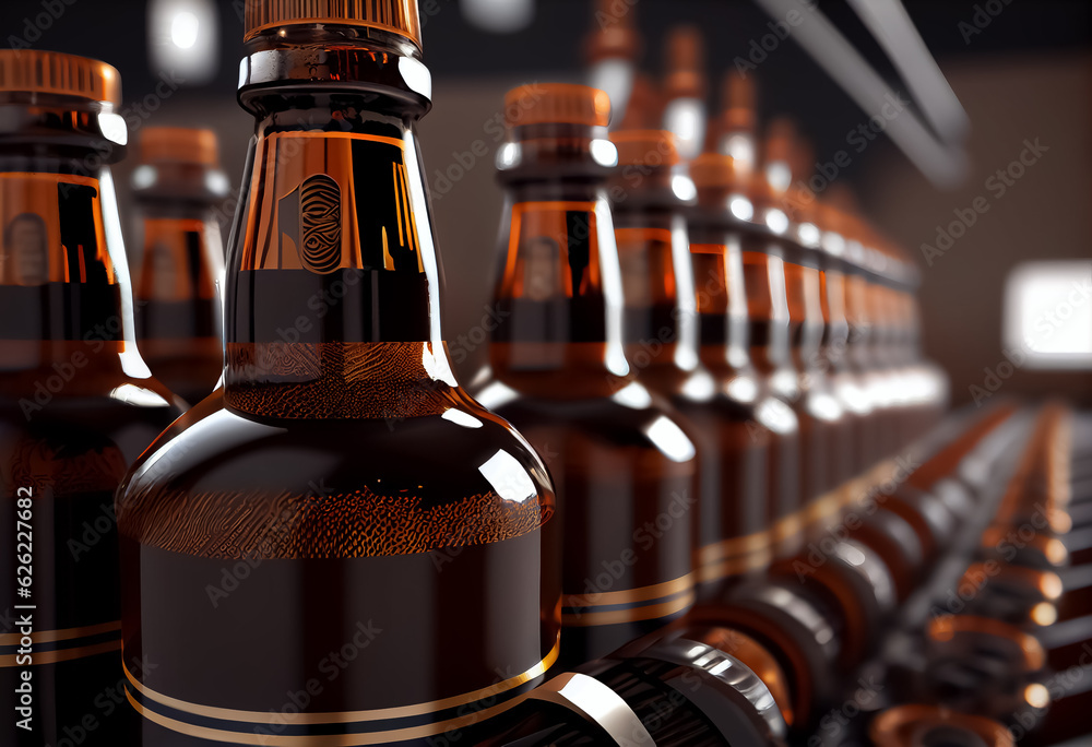 illustration of brown empty beer bottles on the conveyor belt in the beer or milk factory.