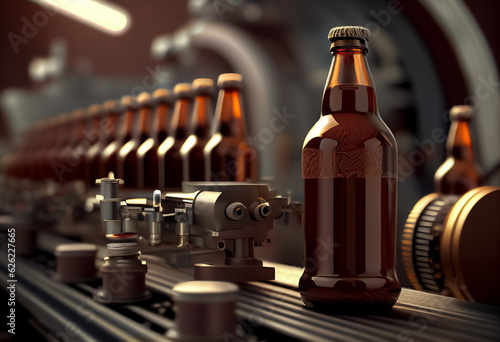 illustration of brown empty beer bottles on the conveyor belt in the beer or milk factory.