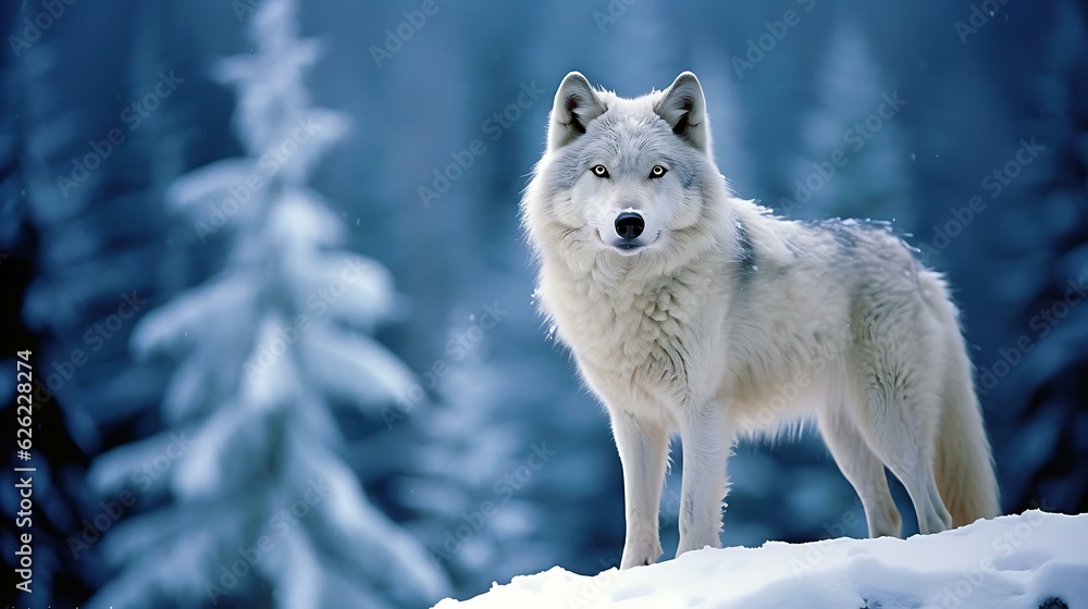 a white wolf in the snow - obrazy, fototapety, plakaty 