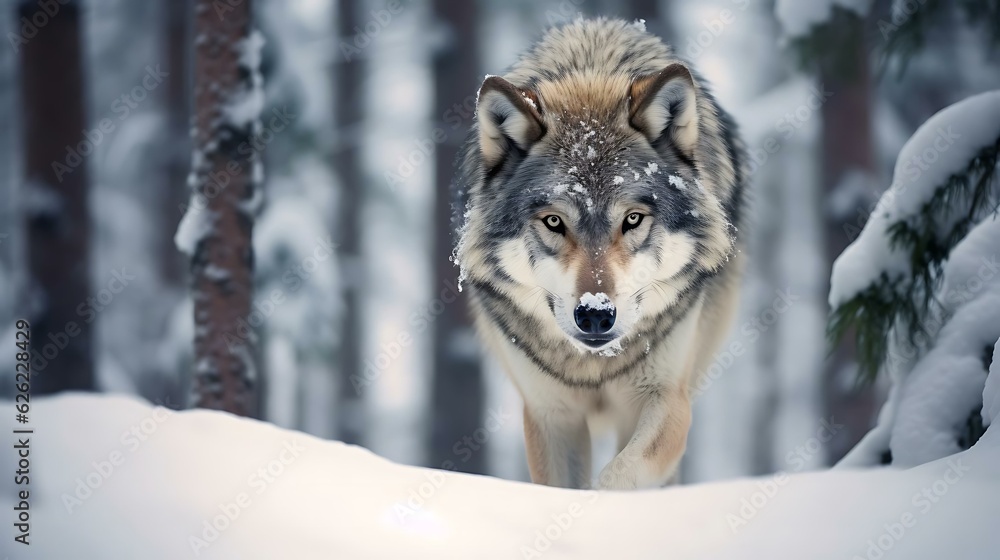 a wolf walking through snow